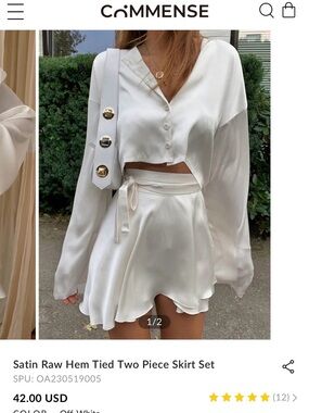 COMMENSE XL White Satin Two-Piece Set - Cropped Button Top & Wrap Skirt